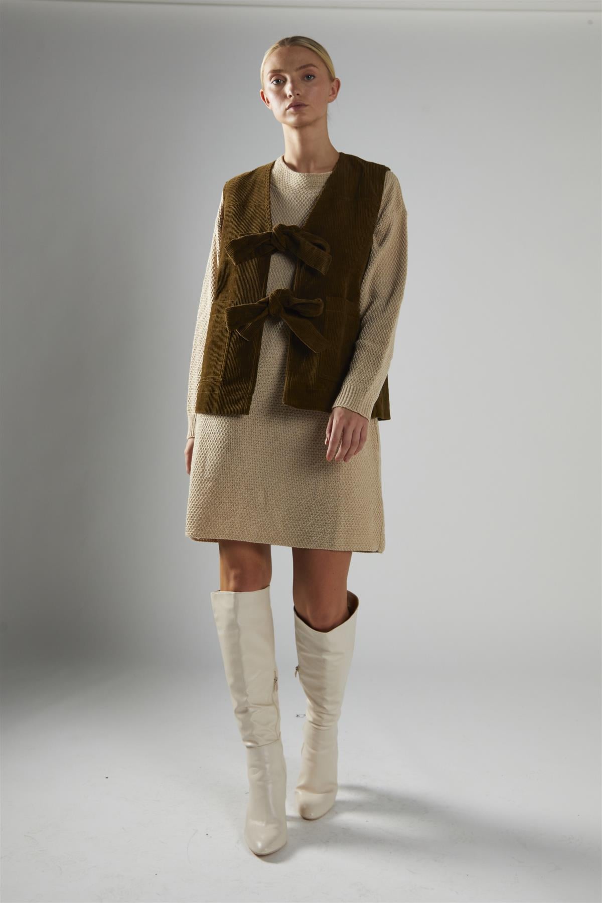 Olive-Brown-Cord Tie-Front Gilet