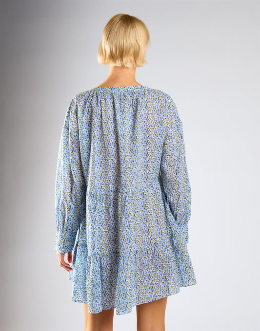 Blue Ditsy Floral Long Sleeve Frill Tiered Dress