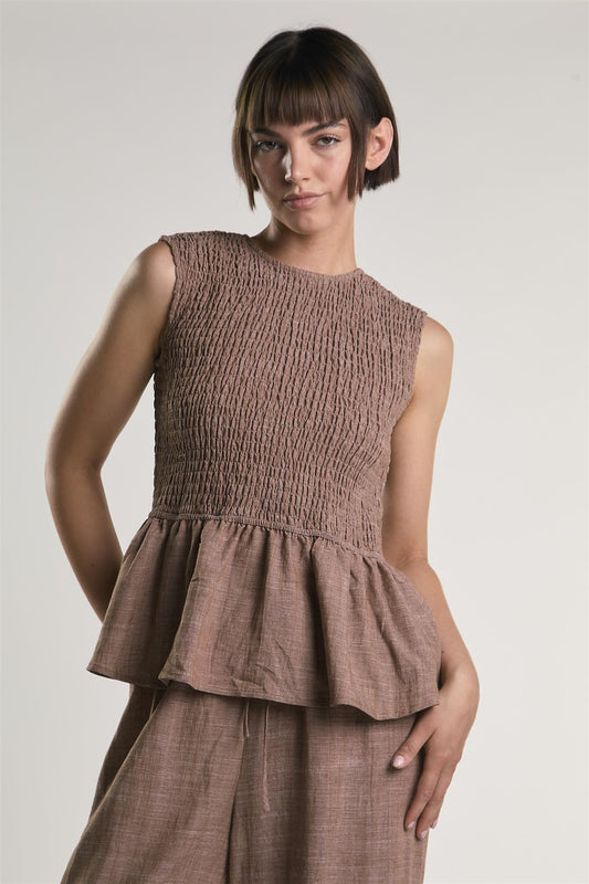 Mid Brown Fleck Smocked Peplum Top