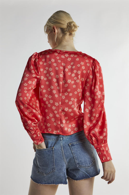 Coral-Pink Daisy Long-Sleeve Top