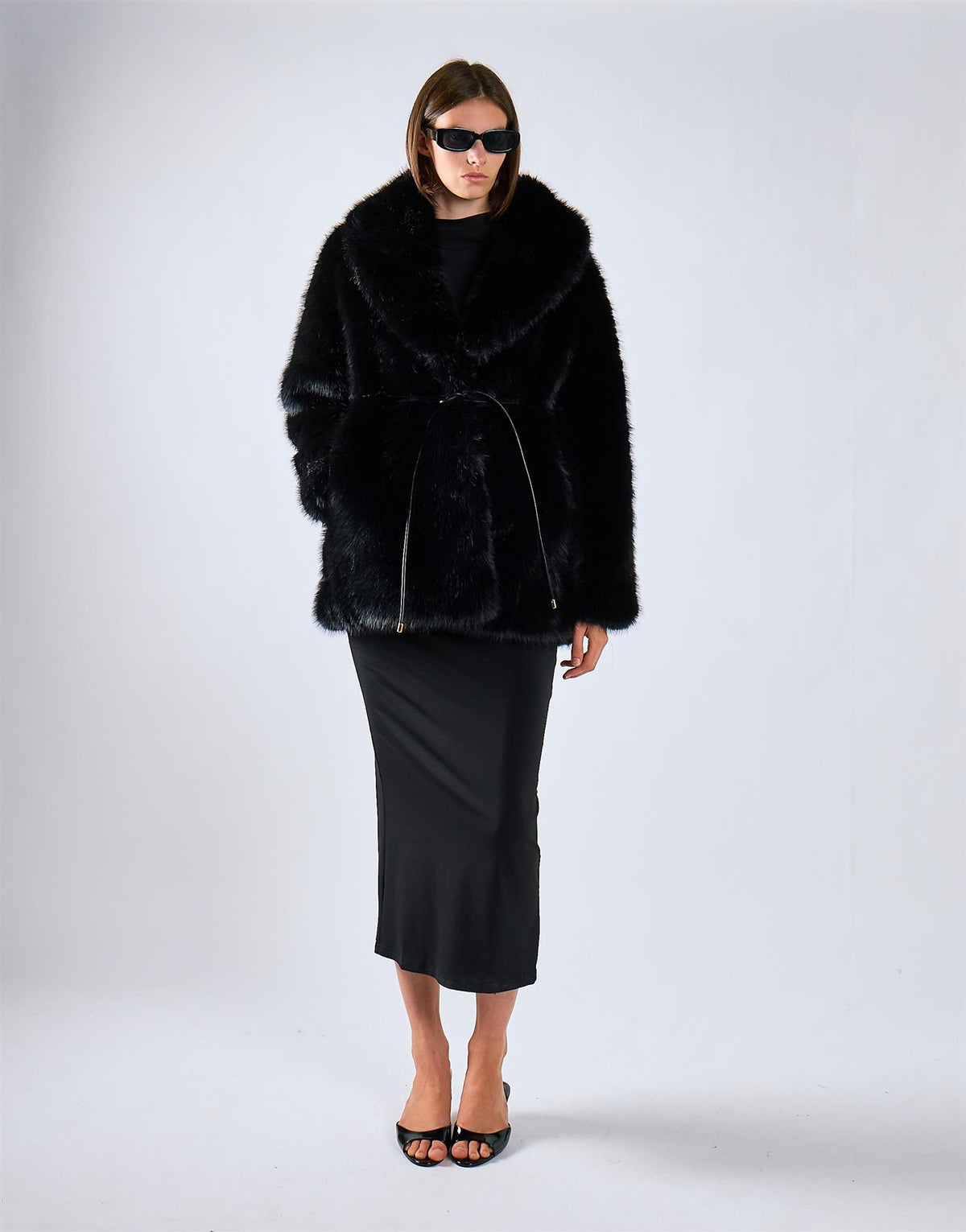 Black Oversized Tie Waist Fur Coat