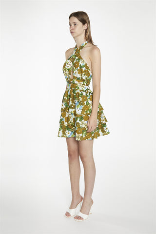 Large-Brown-Green-Floral Crossover-Halter-Neck-Rara- Mini-Dress