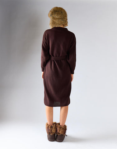 Walnut Belted Long-Sleeves Knit Midi Dress