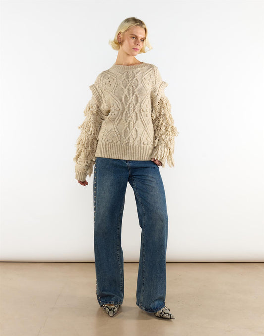 Ecru Marl Fringe Sleeve Cable Knit Jumper