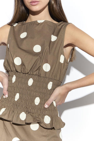 Taupe White Spot Sleeveless Shirred Top