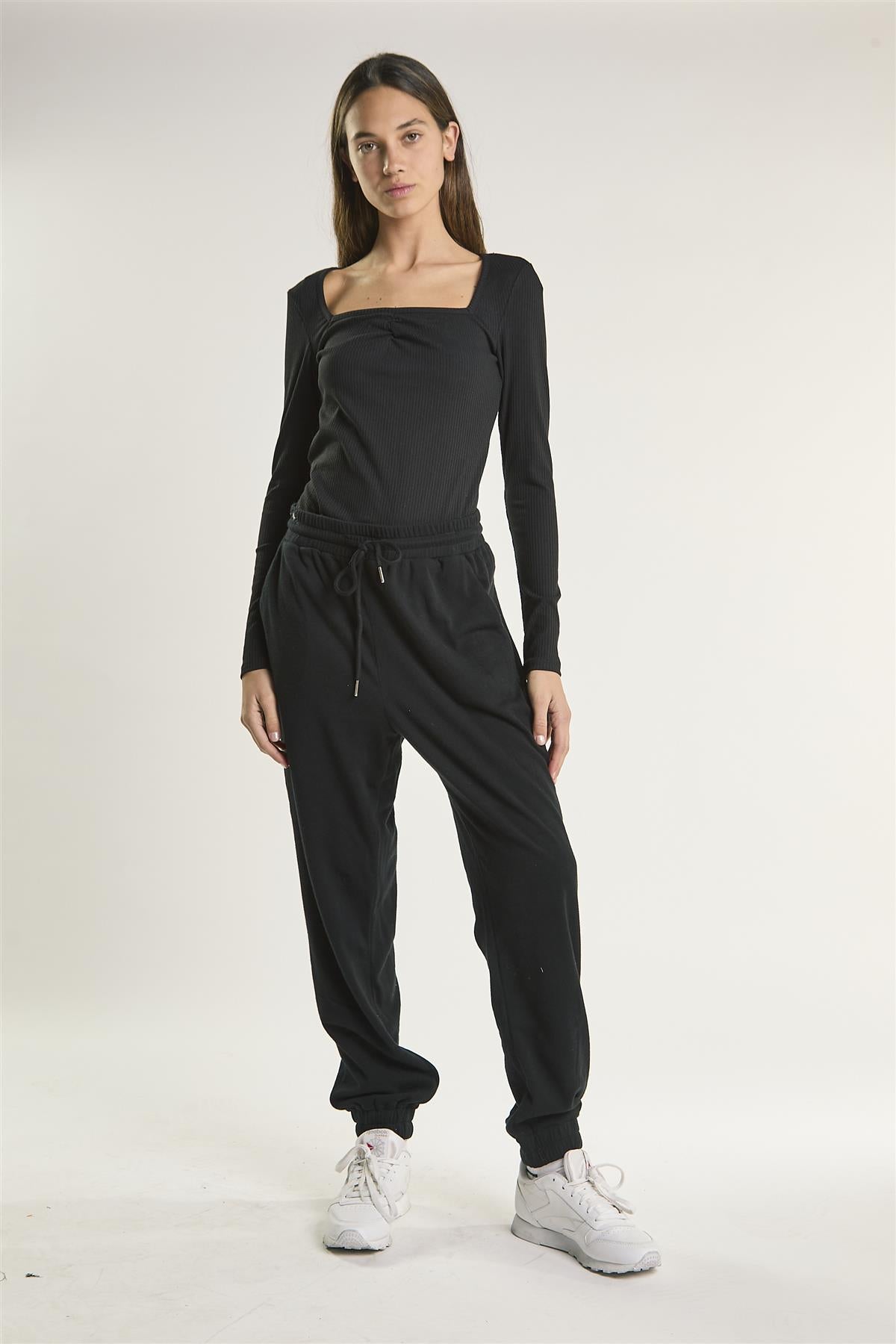 Black Ribbed Long Sleeve-Bodysuit