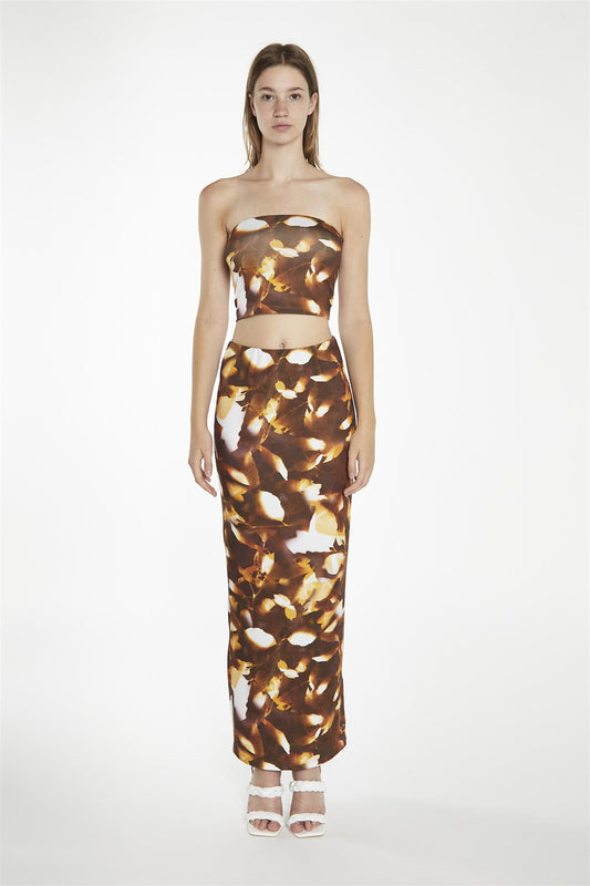 Brown Digital-Leaf Bodycon Maxi-Skirt