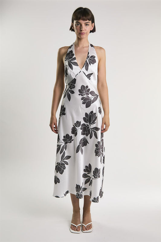 White Brown Floral Halter Neck Midaxi Dress