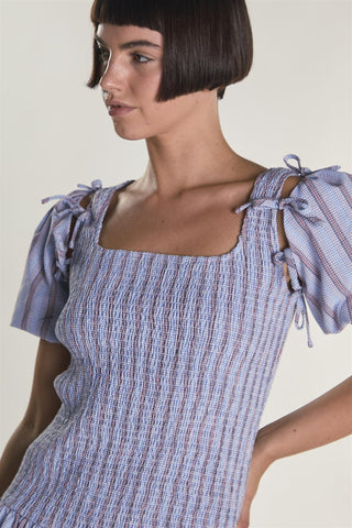 Blue Check Stripe Mini Dress with Bow Sleeves