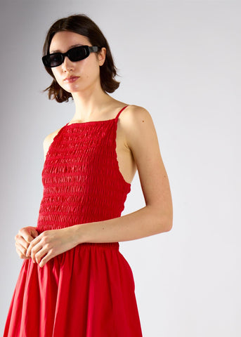 Red Shirring Body Boat Neck Maxi Dress