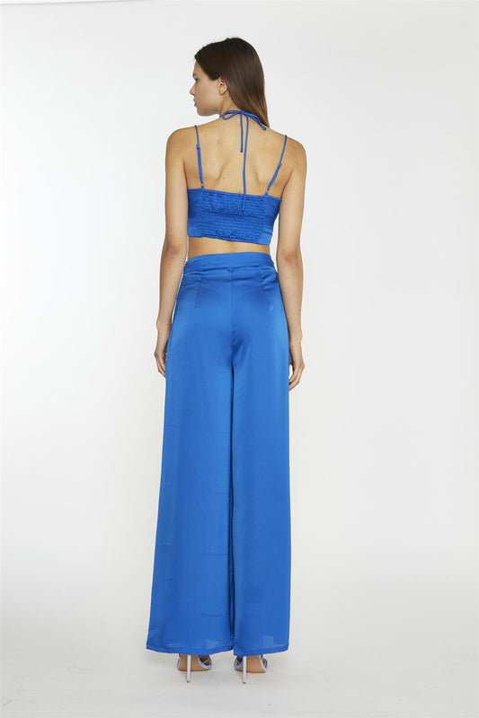 Wide Leg Trousers - Blue Sateen
