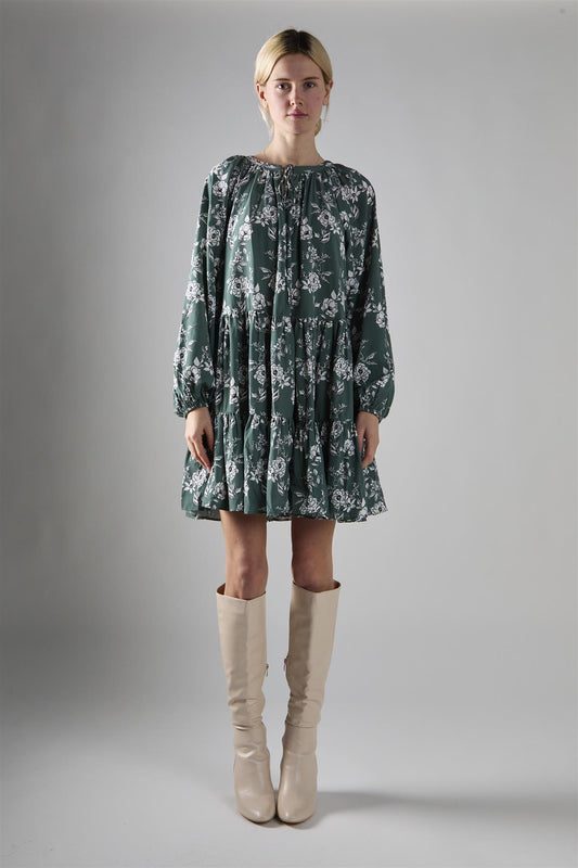 Khaki White Floral Poplin Tiered Mini-Dress