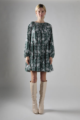 Khaki White Floral Poplin Tiered Mini-Dress