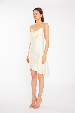 Yellow Print-Satin Asymmetric Cowl-Neck Mini-Dress