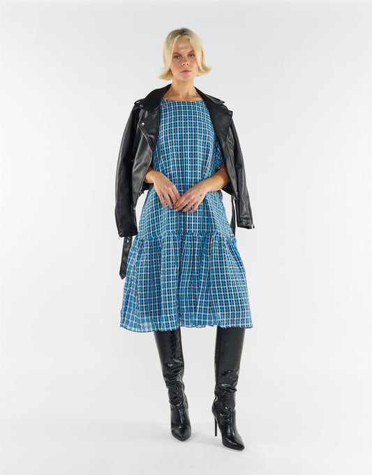 Puff Sleeves Tiered Midi Dress - Blue Multi Check