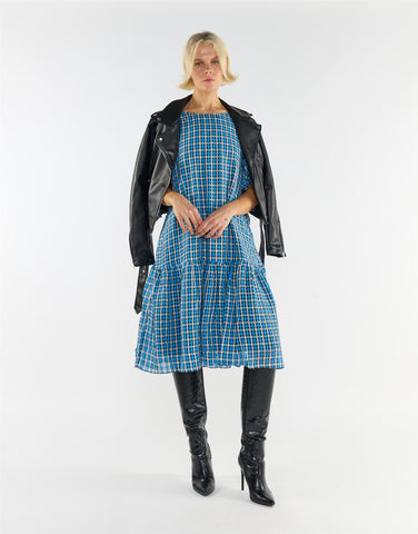 Puff Sleeves Tiered Midi Dress - Blue Multi Check