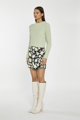 Soft-Lime Black-Floral Notch-Split Mini-Skirt