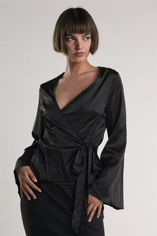 Black-Sateen Long Sleeve Wrap Top