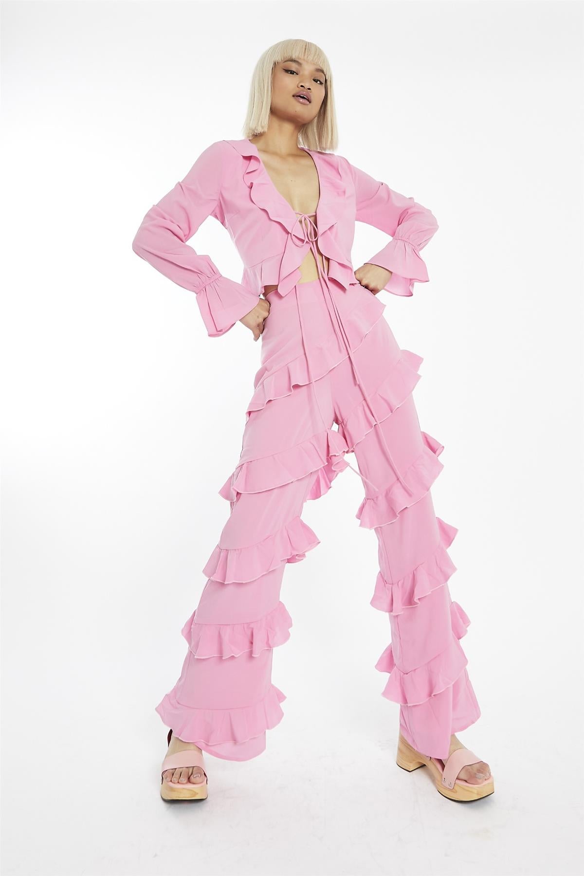 Candy-Pink Asymmetric-Ruffle Flared-Trousers
