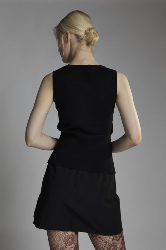 Black Button-Front-Vest Sleeveless-Top