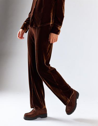 Brown Velvet Pull On Wide-Leg Trousers