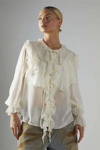Cream Button-Front-Ruffle Blouse