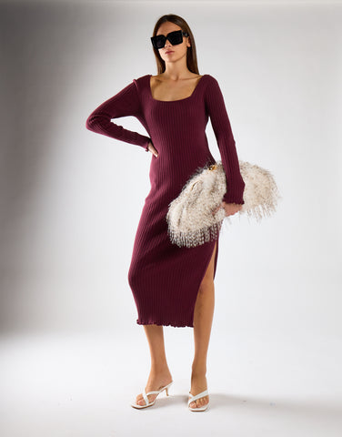 Wine Square-Neck Knitted Midi Dress
