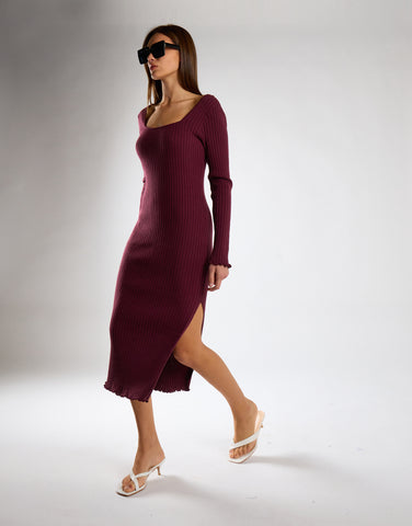 Wine Square-Neck Knitted Midi Dress