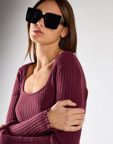 Wine Square-Neck Knitted Midi Dress