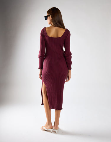 Wine Square-Neck Knitted Midi Dress