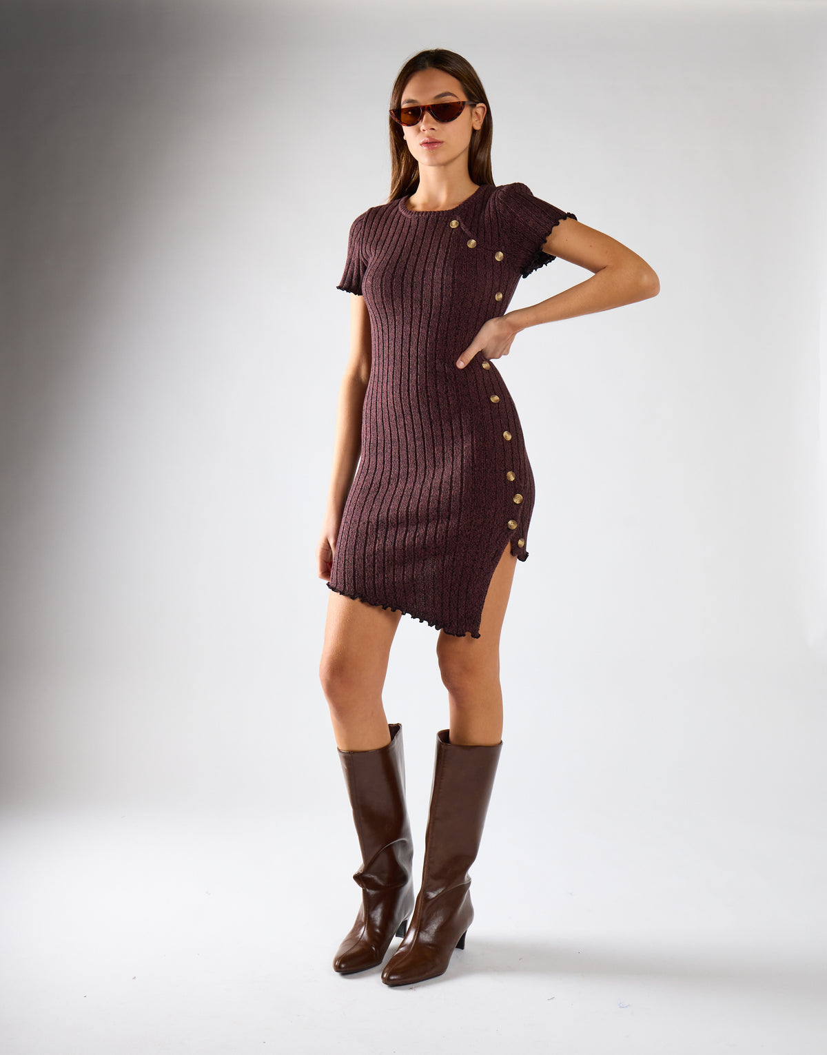 Burgundy-Black Twist Button-Side Mini Dress