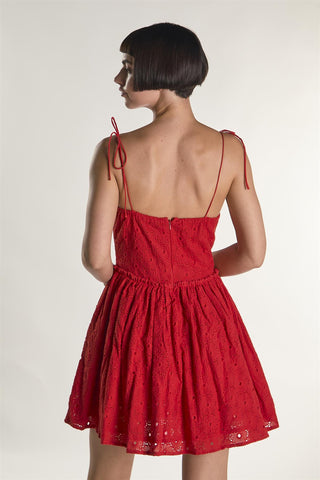 Red Broderie Tie Strap Mini Dress