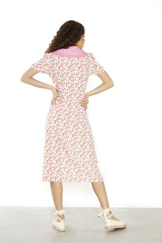 Mixed Watercolour Ditsy Statement Collar Midi Dress