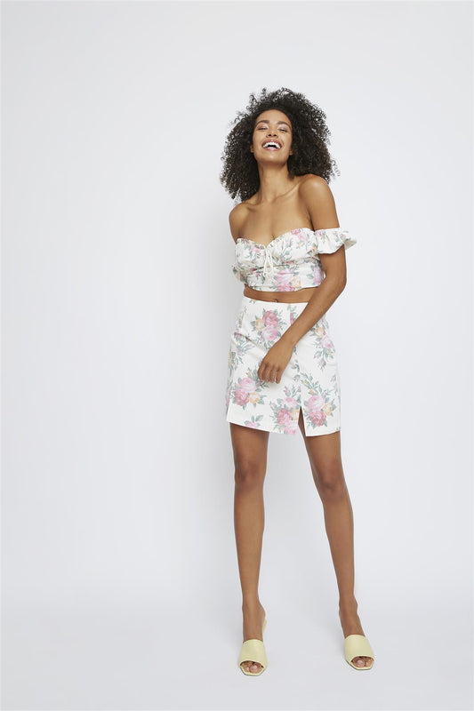 Large-Rose-Print Off-Shoulder Crop-Top