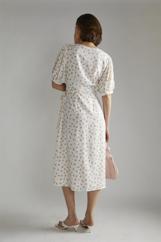 White Pink Ditsy V-neck Wrap Midi-Dress