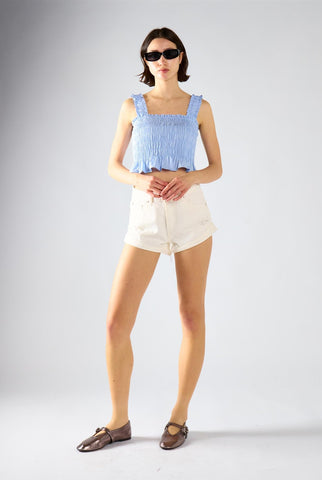 Ruched Frill Crop Top - Light Blue