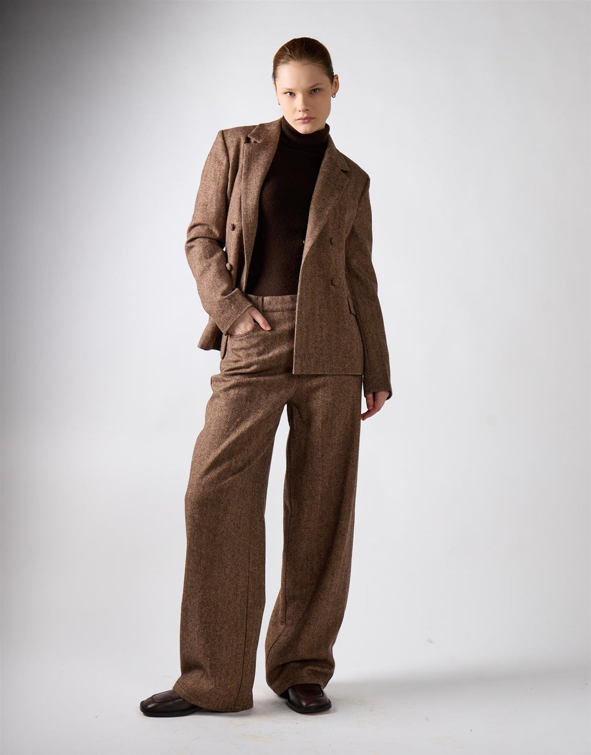 Brown Herringbone Wide Leg Suit Trousers
