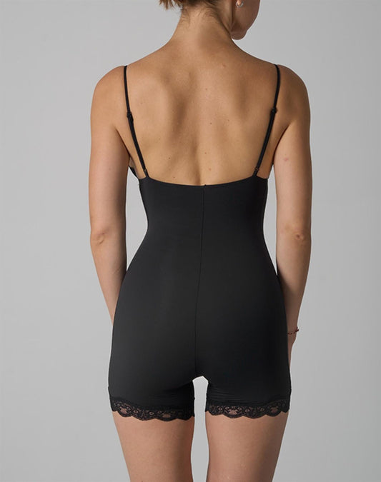 Agon Black Lace-Trimmed Deep-V Playsuit