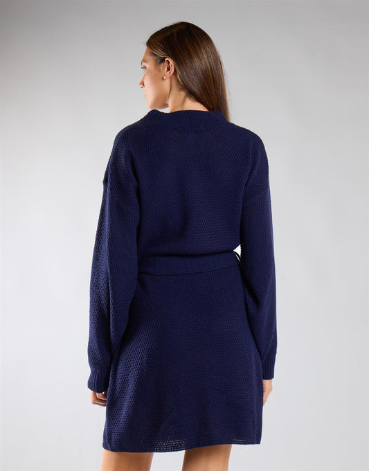 Navy Belted Long-Sleeves Knit Mini Dress