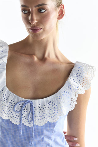 Cornflower Check Embroidery Detail Top