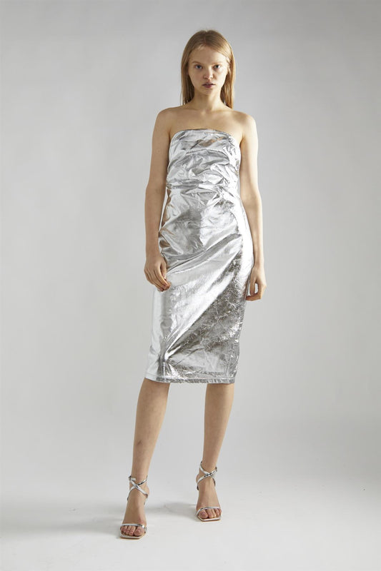 Silver-PU Strapless Midaxi-Dress