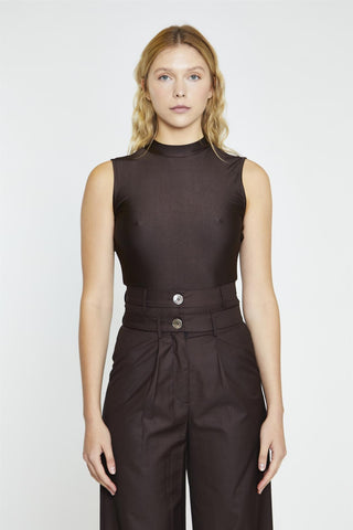 Dark Brown Turtle-Neck Sleeveless-Bodysuit