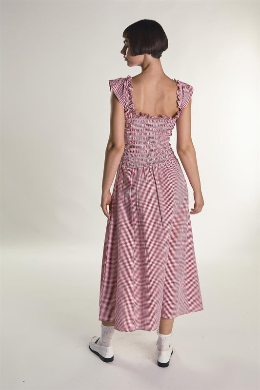 Red Gingham Frill Sleeve Maxi Dress
