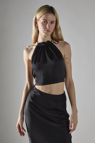 Black Satin Halter-Neck Crop-Top