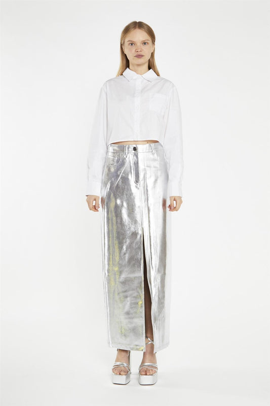 Silver PU Centre-Split Midi-Skirt