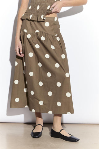 Taupe White Spot Dropped Waist Midi Skirt