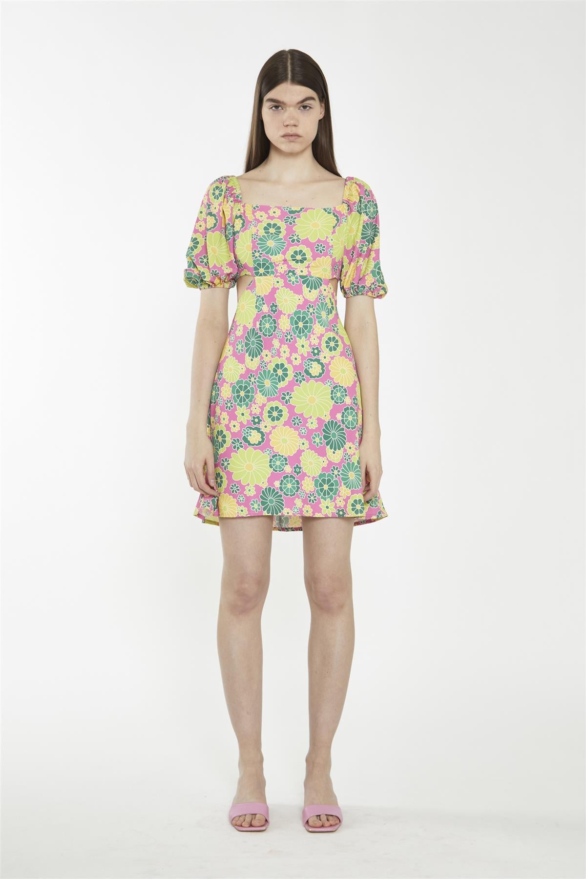 Shift Square Neck Short Dress - Pink Multi 60S Flower