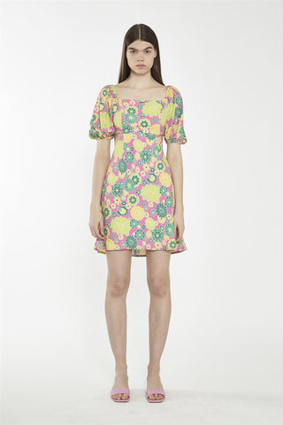 Shift Square Neck Short Dress - Pink Multi 60S Flower