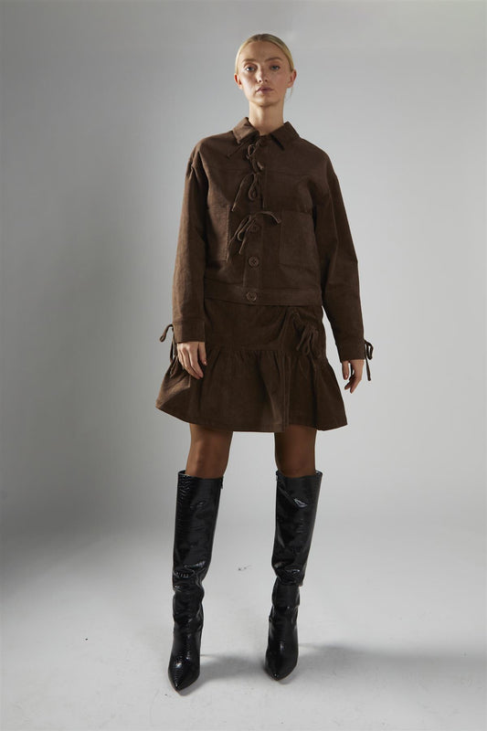 Brown-Cord Tie-Front Jacket