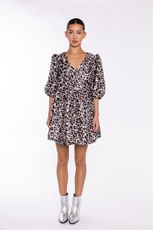 Mocha-Leopard Wrap Babydoll Mini-Dress